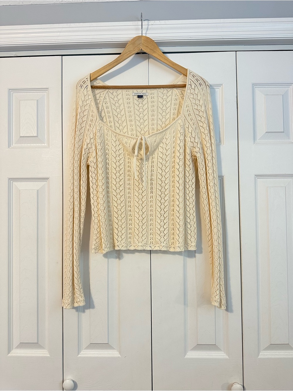 American Eagle 100% Cotton Cream Long-Sleeve Knit Tie-Front Women's Top, XL